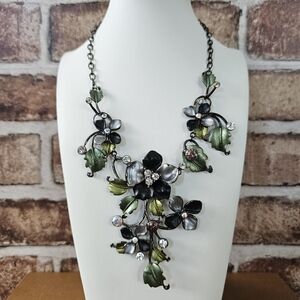 Vtg Style Enamel Floral Statement Necklace Rhinestone Metal Flower Whimsigoth